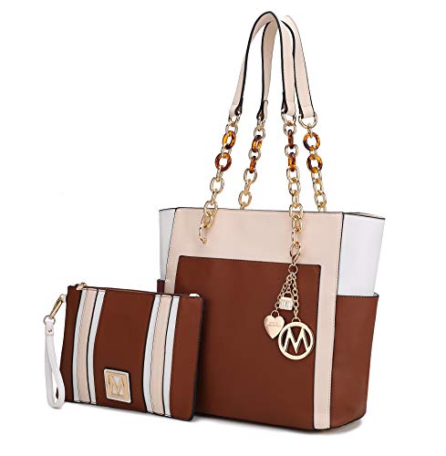 Conjunto de 2 piezas MKF: bolso tote para mujer y monedero, bolso de mano de cuero sintético PU con asa superior y correa para hombro miniatura 1