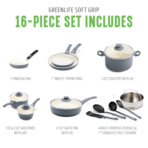 image for GreenLife Soft Grip 16 Piece Cookware Set, Non-Toxic PFAS-Free Ceramic