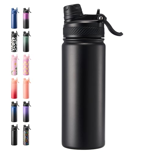 Fijinhom 18 oz Insulated Water Bottle, 2-in-1 Straw and Spout Lid Stainless Steel Insulated Bottle, Leak-Proof, Double Wall Vacuum Flask, Keep Cold 24H for Outdoor, Sports, Travel, School (Black)