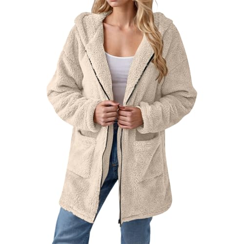 AMISENK Abrigo de lana de cordero con cremallera, abrigo aislado para otoño e invierno, abrigo de lana de cordero con cremallera y capucha para calidez de invierno, beige, L