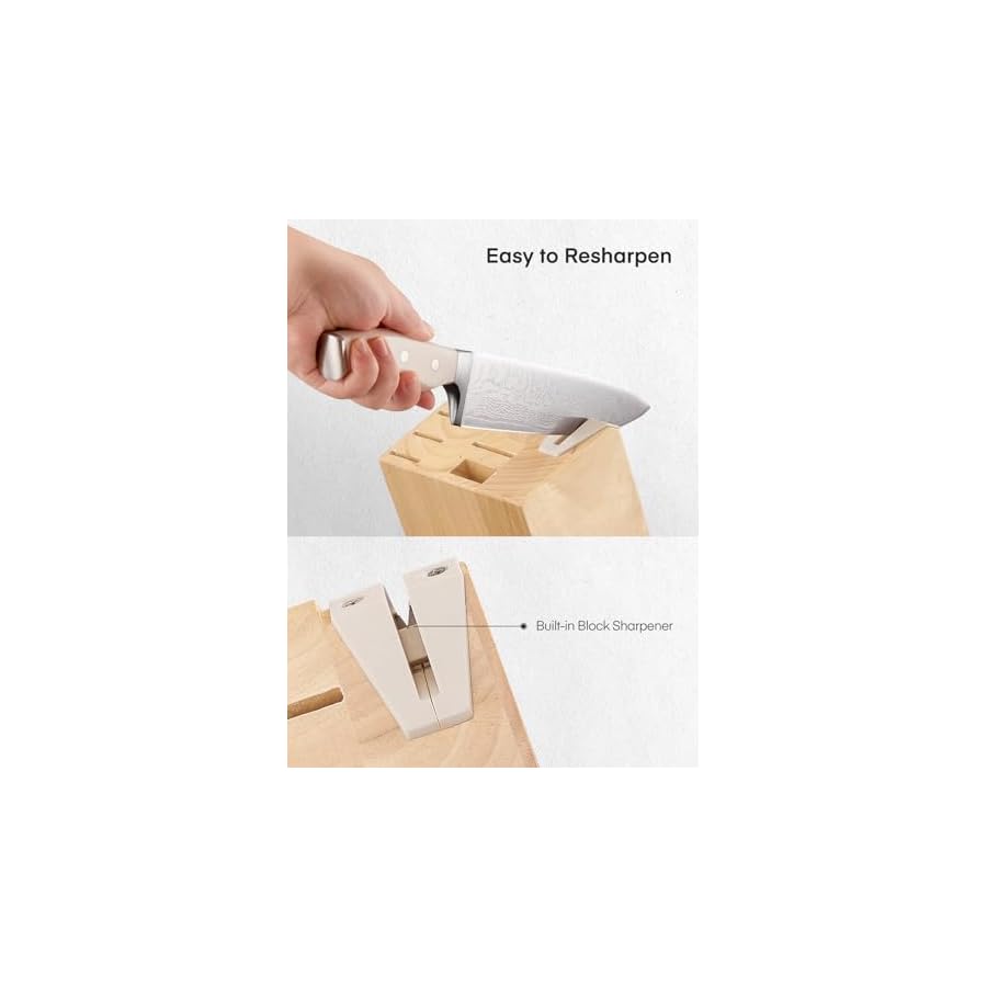 Knife Set, D.Perlla 15 Pieces Kitchen Knife Set with Built-in Sharpener, High Carbon Stainless Steel Kitchen Knife Block Set with Unique Waved Pattern, Non-slip Handle, White