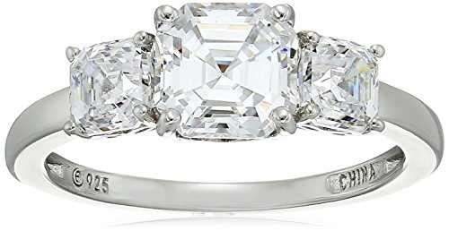 Platinum-Plated Sterling Silver Asscher-Cut 3-Stone Ring made with Swarovski Zirconia (3 cttw), Size 8