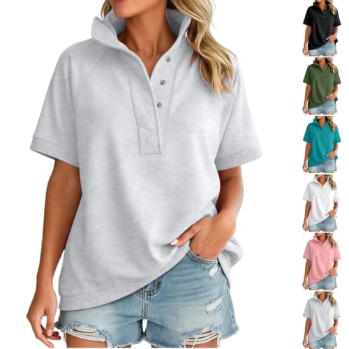 Grey Womens Oversized Sweatshirt,Sweatshirt For Women Short Sleeve Tops Oversized Hoodies Lightweight Pullover Polo Shirts Casual Button Fall Outfits 01 Grey X-Large