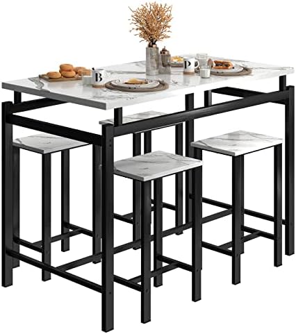 basenji Dining Table Set for 4, 5 Piece Kitchen Table and Chairs with Wine Rack and Glass Holder, Bar Table and Chairs Set Space Saving for Pub Breakfast (White Statuario)