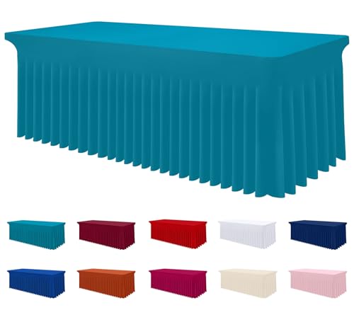 Image of Smiry Spandex Elastic Fitted Table Cloth Skirt for 5FT Rectangle Table | Stretch Washable Table Cloth, Banquet Table Cover for Wedding, Party, Indoor & Trade Shows, (Turquoise, 60Lx30Wx30H)