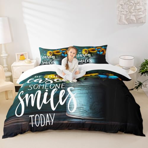 Manfei Sunflower Duvet Cover Set Twin Size Blue Butterfly Bedding Set 2pcs for Kids Teens Adult Room Decor,Plant Botanical Animal Theme Comforter Cover Soft Warm Sunny Quilt Cover with 1 Pillowcase