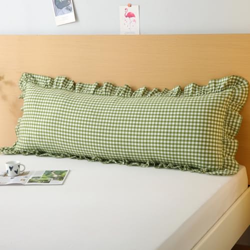 Silnuo Olive Green/White Gingham Ruffled Body Pillow Cover 20"x54"