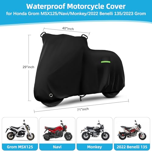 Image of Motorcycle Cover Waterproof for Honda Grom MSX125 /Navi /Monkey /2022 Benelli 135 /2023 Grom, Heavy Duty Outdoor Sun UV Rain Dust All Weather Protection Motorbike Cover with Soft Cotton Lining & Lock Hole