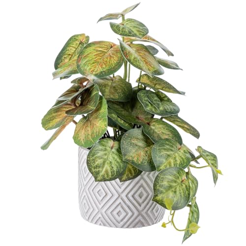 MyGift Artificial Aglaonema Evergreen Leafy Plant, Green and Red Faux Leaves Potted in Gray Concrete Pot with White Diamond Pattern, Indoor Home Table Decor