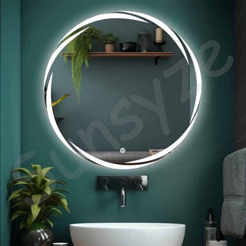 Image of Sunsyze 24 inch Round LED Bathroom Mirror - Dimmable Touch Control, 3-Color Lighting, Frameless Wall Mirror, HD Silver Glass