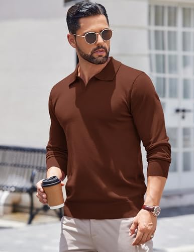 COOFANDY Long Sleeve Polo Shirts for Men Knit Polo Sweater Lightweight Ribbed Pullover Sweater Caramel — view 2