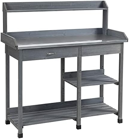 Outsunny Garden Potting Table, Wooden Workstation Bench w/Galvanized Metal Tabletop, Drawer, Storage Shelves and Hooks for Patios, Courtyards, Balcony