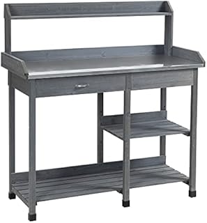 Outsunny Garden Potting Table, Wooden Workstation Bench w/Galvanized Metal Tabletop, Drawer, Storage Shelves and Hooks for Patios, Courtyards, Balcony