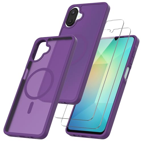 Magnetic for Samsung Galaxy A07 Case with Tempered Glass Screen Protector Matte Translucent Shockproof Protective Bumper Phone Cover (Purple)