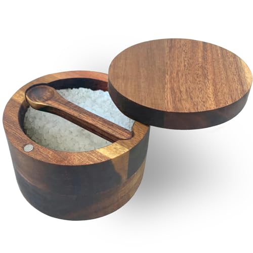 Caja de especias de madera de acacia de 6.5 onzas con cuchara integrada y tapa giratoria magnética, elegante soporte para sal de cocina para almacenar pimienta, especias o tus condimentos favoritos