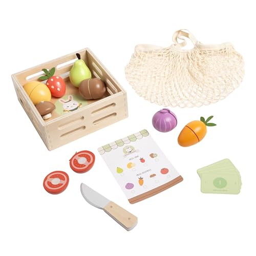 Pearhead Wooden Play Food Set – 21-Piece Pretend Kitchen Toy, Cutting Fruits & Veggies, FSC-Certified, Farmers Market with Play Money, Mesh Bag & Storage Crate, Boys and Girls, 2 3 4 Year Old