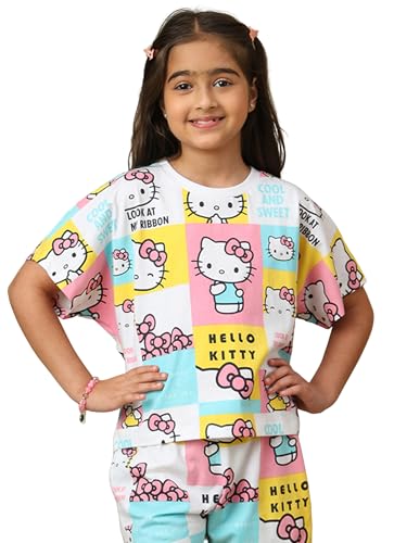 Image of Kidsville Official Hello Kitty Graphic Printed Relaxed Fit Cotton Tshirt for Girls