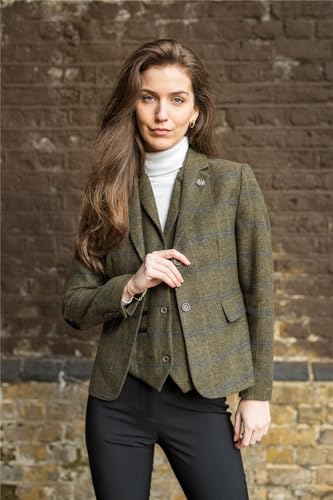 Women's Olive Green Wool Blend Tweed Herringbone Checkered Blazer Waistcoat3