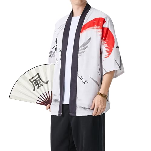 Image of PRIJOUHE Men's Lightweight Kimono Jacket Seven Sleeve Open Front Cardigan Coat Japanese Style Bathrobe
