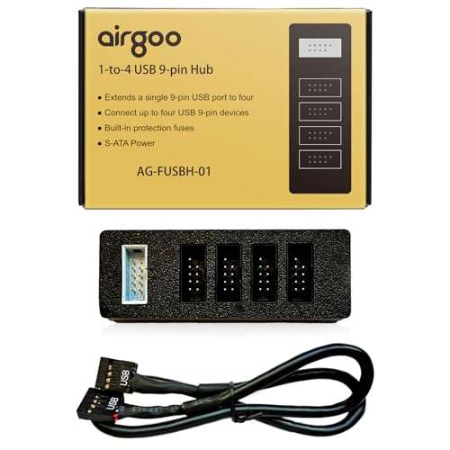 Airgoo Internal USB Hub, 9-Pin USB 2.0 Header Splitter - 1 to 4 Ports, S-ATA Powered, Magnetic Mount