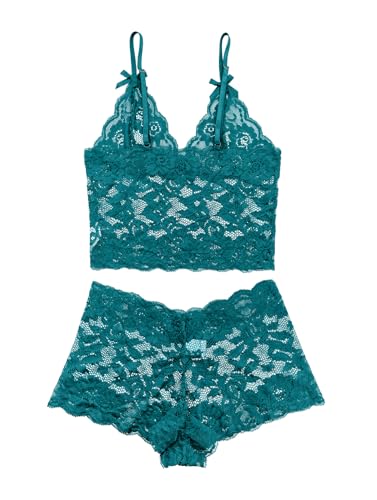 Image of Lilosy Sexy Women Floral Lace Pajamas Lingerie Set High Waist Sheer Sleepwear See Through Nightwear Bow Ties Cami Shorts Bra and Panty 2 Piece Turquoise 2# Small