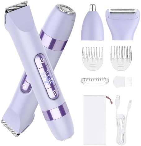 Hatteker 4-in-1 Women's Electric Razor, Dual-Head Body Hair Trimmer for Women, IPX7 Waterproof Rechargeable Bikini Trimmer & Facial Hair Remover for Legs, Armpits, Face, Nose, Eyebrows, Purple