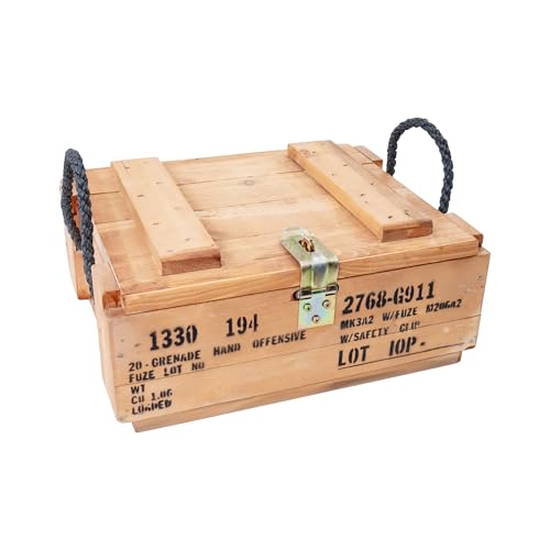 OWLHAUS Military Footlocker (Standard Size) | Rustic Vintage-Style Wooden Army Trunk, Munition Grenade Chest, Spacious Storage Chest for Bedroom, Perfect for Memorabilia or Home Decor, Lockable