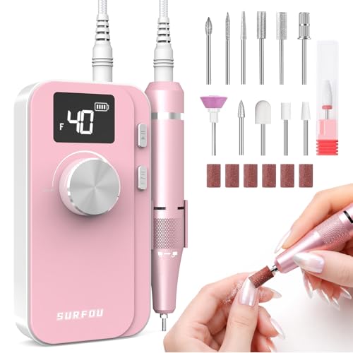 SURFOU Ponceuse à Ongles 40000 tr/min, Électrique Sans Fil Rechargeable 4000mAh, Vitesse Réglable, Silencieuse et Faible Vibration, Écran LCD, Corps Stylo...