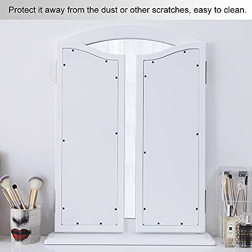 Chende Large Trifold Mirror on Stand, 32.67" X 23.62" Three Way Vanity Mirror with Detachable Wooden Base, White Triple Mirror for Tabletop or Wall Mounted