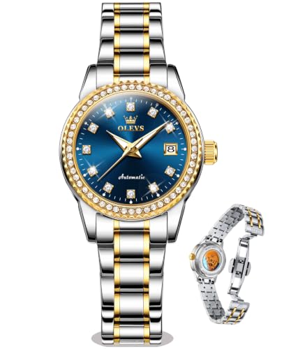 Image of OLEVS Women's Automatic Watch Luxury Mechanical Stainless Steel Two Tone Waterproof Self Winding Dress Small Ladies with Date Diamond Elegant Casual Business Wristwatch Gold /Blue /Black /White