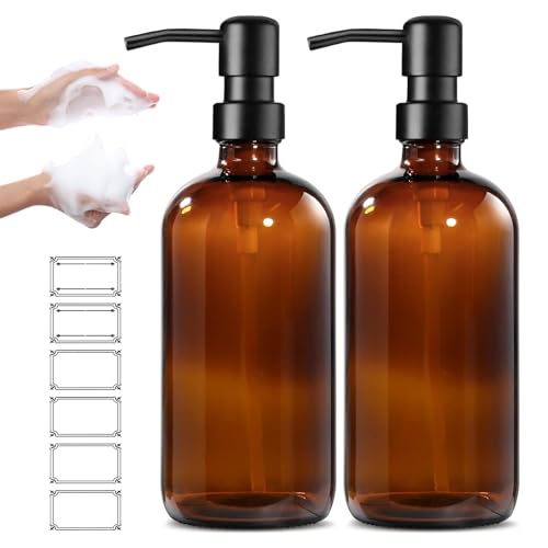 Amber - Dispenser di sapone in vetro, 500 ml, dispenser di sapone, 2 pezzi, ricaricabile, in vetro, con pompa ed etichette, per cucina, bagno