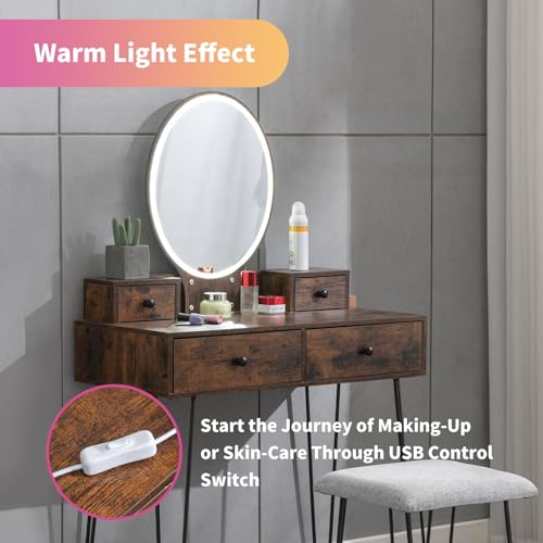 ijuicy Vanity Desk Set with Lighted Round Mirror, Makeup Vanity Table with 4 Storage Drawers, Makeup Dressing Table with Soft Cushioned Stool for Bedroom/Living Room (Retro Brown/White)