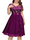 MISSMAY Women's Plus Size Vintage Floral Lace Sequin V-Neck Ruffle Cocktail Party Formal Fit and Flare Swing Dress (3XL, Maroon)