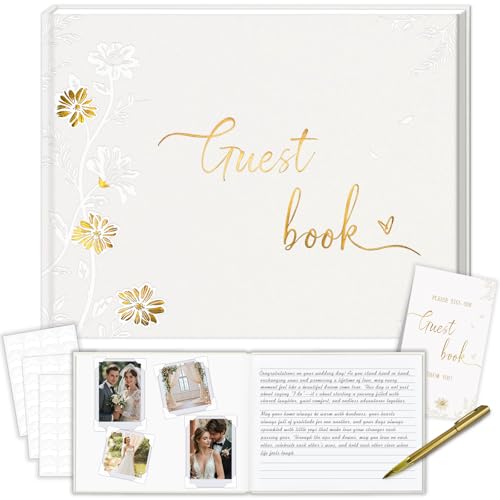 Image of Wedding Guest Book, Personalised Polaroid Guests Book for Sign 23x18cm 112 Page Lined & Blank Bridal Shower Party Includes Signature Card Signing Pen & Photo Corners(Flowers)