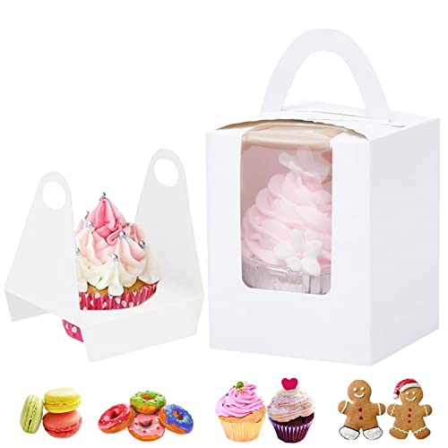 GUIFIER 30 Pièces Boîte à Cupcakes Individuelle, Boîte à Gâteau en Carton avec Fenêtre et Poignée, Cadeaux Boîte à Muffins, Boite à Cupcake Transport pour Mariage de Fête d'Anniversaire (Blanc) Cover