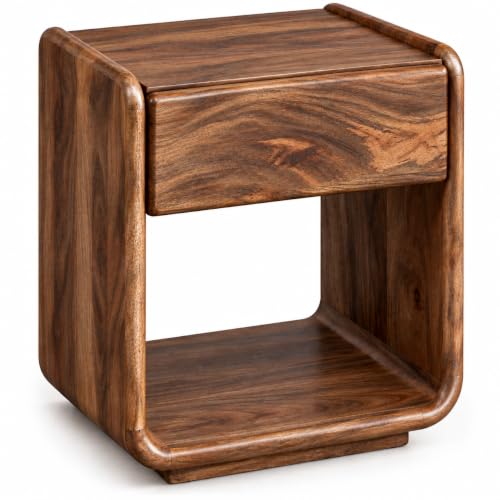 Image of Solid Wood Bedside Table for Bedroom | Wooden Nightstand Lamp Table with Drawer & Open Shelf Storage for Home & Hotels