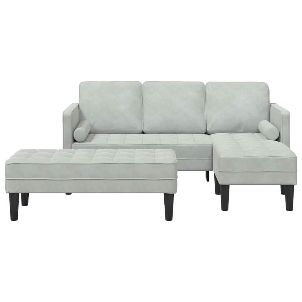 Sofa narożna z poduszką i taboretem, jasnoszara, poliester, drewniana rama, nowoczesny zestaw wypoczynkowy, sofa z miejscem do przechowywania, modułowa, 5 siedzeń, 173 x 131 x 67 cm