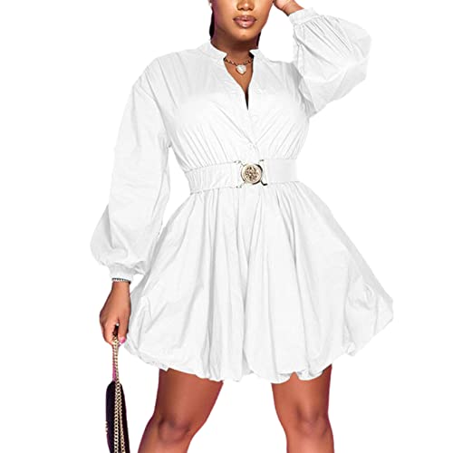 Uni Clau Womens Button Down Shirt Dress Long Sleeve A-Line Casual Puffy Short Mini Dress with Belt