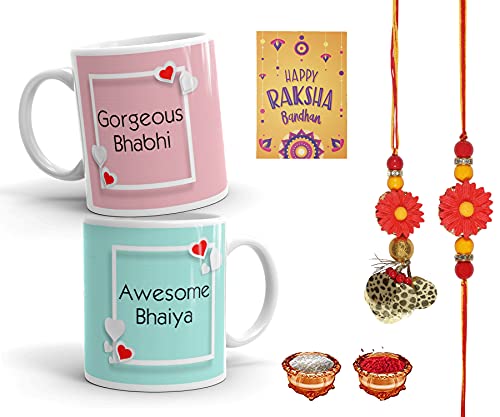 RGUC Rakhi for Brother and Bhabhi Gift Pack Designer Lumba Rakhi Set, 2 Printed Coffee Mug, Rakshabandhan Special Card, Roli Chawal (Set 6)