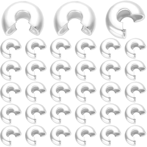 Beebeecraft 1 Box 200Pcs Half Round Open Crimp Beads 925 Sterling Silver Plated Crimping Bead 5mm Stoppers Knot Covers End Tip Caps for Jewelry Making Findings DIY Crafts Bracelets Necklace Supplies