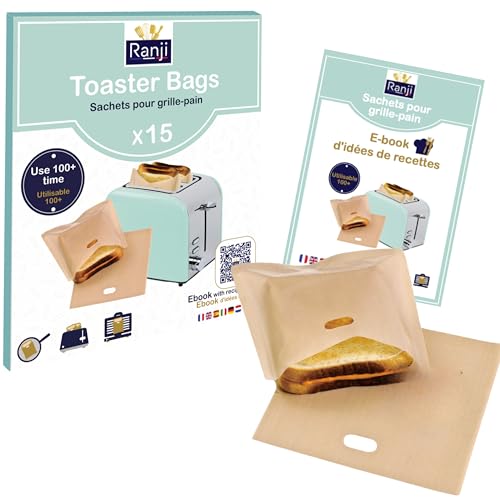 RANJI® 15x Sac à grille pain réutilisables - Sachets à cuisson alimentaire pour croque monsieur, sandwich, muffins anglais - Grille-pain, four, machine à panini - Réutilisable 100 fois - Toaster Bag