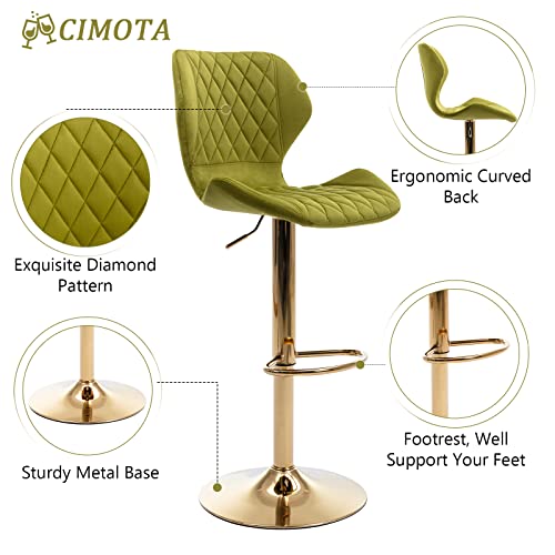 Cimota Velvet Bar Stools Set Of 4 Adjustable Height Bar Chairs With Back Modern Swivel Barstools For Kitchen/Home Bar/Dining Room/Office, (23.6 To 31.5 Inch/Gold Base/Green) #TOP3