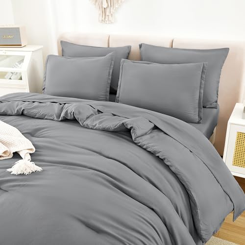 Litanika King Size Comforter Set Medium Gray - 7 Pieces Bed in a Bag King Bedding Comforter Sets, Solid Lightweight Bed Set with Comforter, Sheets, Pillowcases & Shams
