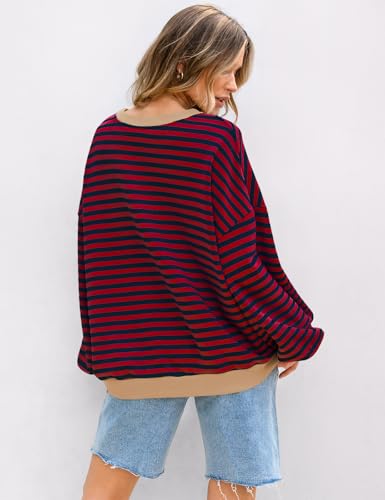 Image of UEU Women Oversized Striped Crewneck Sweatshirt Long Sleeve Color Block Pullover Tops Casual Loose Workout Shirt