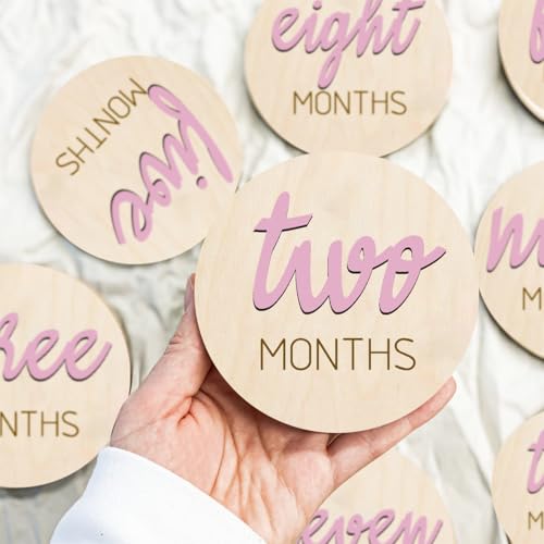 Image of Baby Monthly Milestone Markers Disc, Wooden 3D Milestone Cards for Photos, Baby Announcement Sign, 1-12 Months, wooden baby milestone sign (Pink)