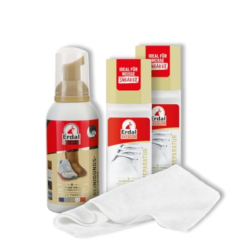 Erdal Sneaker-Set, Tiefenreiniger und Schuhweiß, Reinigung und Weiße Farbpflege, 4-teilig, Sneaker-Reiniger, 2x Deckweiß und Mikrofasertuch, für alle Schuhtypen, einfach, schnell & effektiv