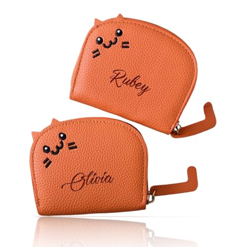 Cartera De Cuero Personalizada Para Mujer Con Múltiples Ranuras, Tarjeteros Y Monederos Personalizables Con Nombre Grabado Y Temática Felina, Bonito Estuche Pequeño Para Tarjetas Con Cremallera