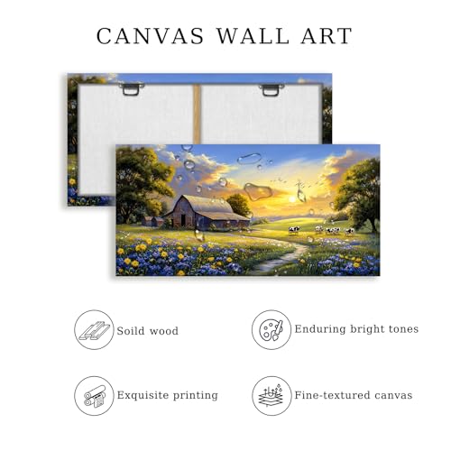 crmotu Rustic Nature Landscape Wall Art, Animal Cow Cottage Large Artwork, Country Meadow Wildflower Canvas Prints, Farm Sunset Aesthetic Pictures Wall Decor Living Room Bedroom Farmhouse 24X48 In