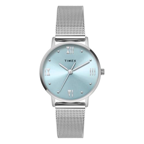 Image of TIMEX Analog Watch for Women with Blue Round Dial & Silver Stainless Steel Bracelet Band Water Resistant Women's Wrist Watches - TWEL15623