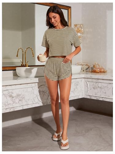 Image of OYOANGLE Womens Pajama Sets 2 Piece Sexy Lounge Sets Summer Cute Pjs Striped Print Tee and Side Split Shorts Set